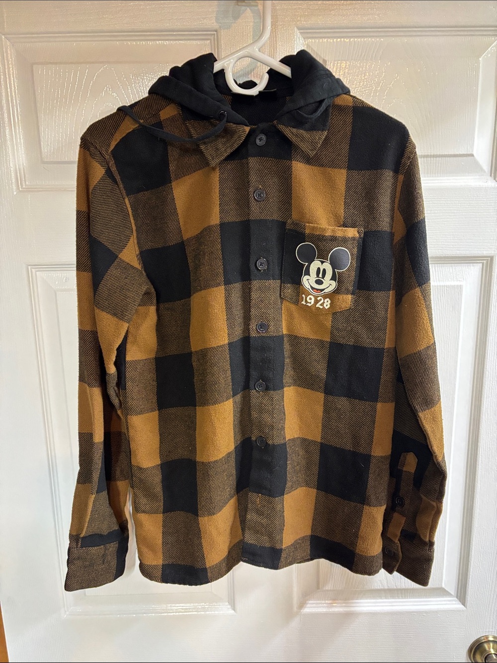 Disney Men's Buffalo Check Hooded Shirt Jacket Black & Brown Size Small